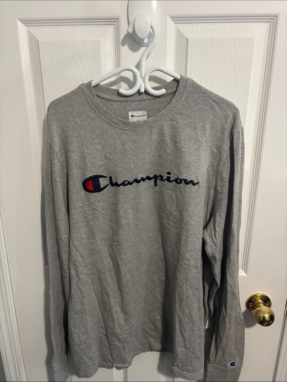 Champion Gray Long Sleeve Crew with Navy & Red Logo